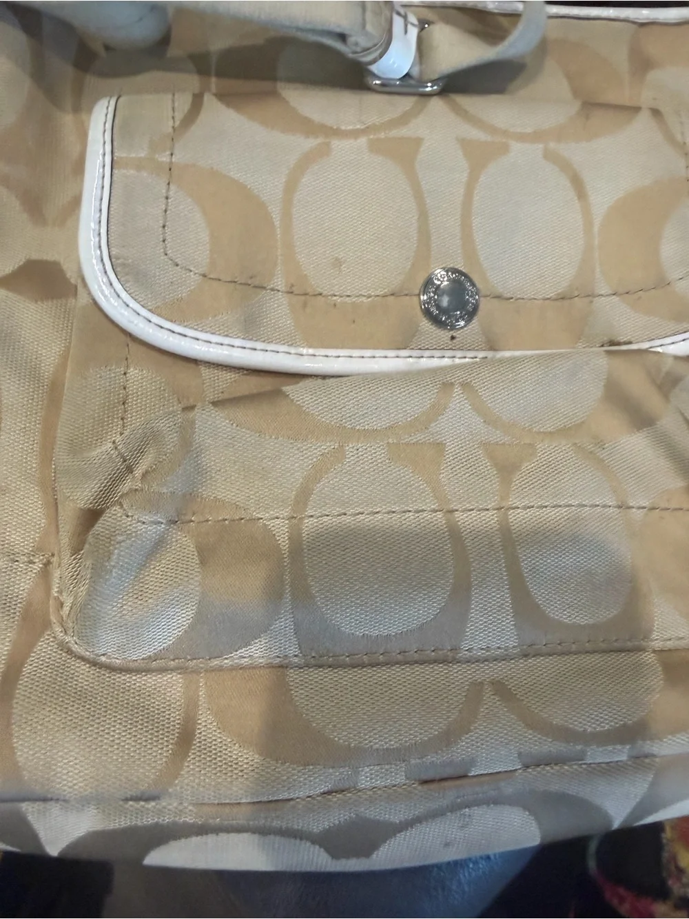 Coach Beige Signature Canvas Shoulder Bag with White Trim
